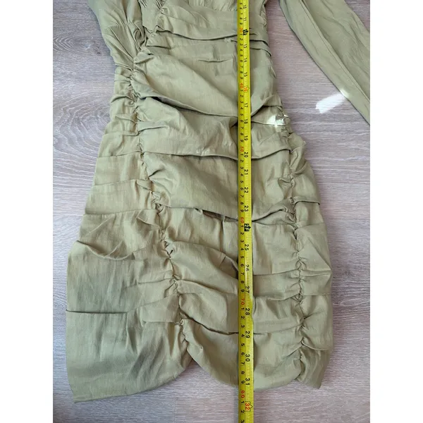 ZARA Linen Blend Asymmetric Olive Green Mini Dress XS Draped - Image 4