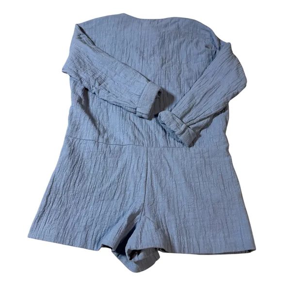 Zara Women Size XS Dusty‎ Blue Romper Tie Front 100% Cotton Lightweight - Image 3