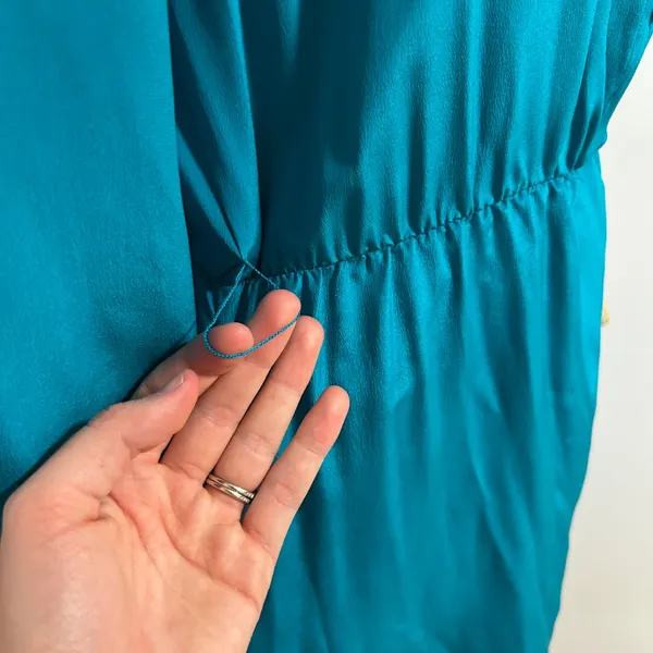 Vintage Tracer Silk Dress Teal Blue Button Front Puff Sleeve Midi‎ Medium 12 - Image 3