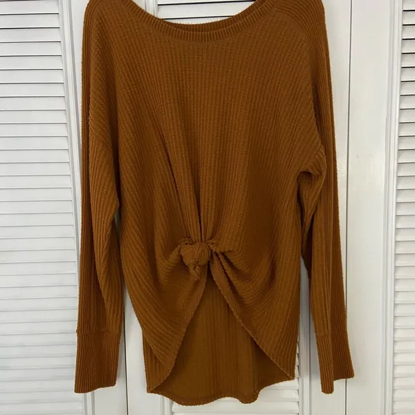 Mudd Waffle Knit Long Sleeve Knotted Front Cozy Chestnut Brown Top Size XL - Image 2