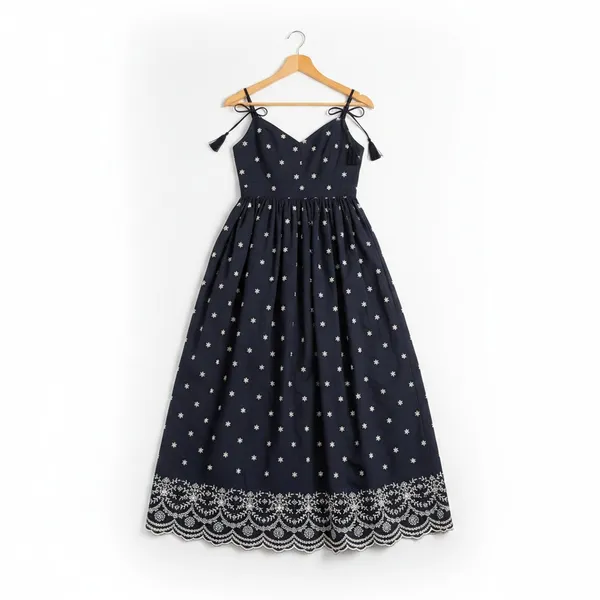 En Saison Womens Midi Dress Size S Navy White Cotton Embroidered Hem Tie-Straps - Image 7