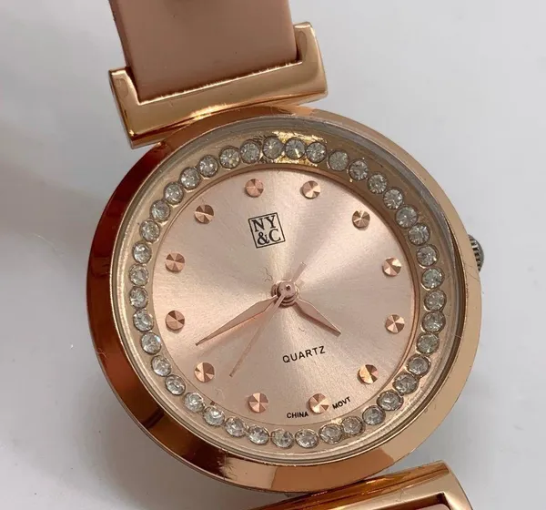 NY & C ladies 30mm rose gold tone rhinestones watch silicone band runs - Image 2
