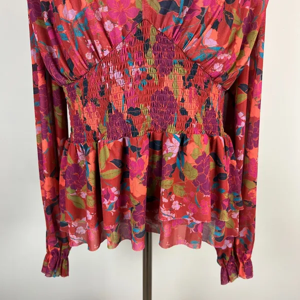 DR2 Babydoll Blouse Womens XL Smocked‎ Waist Peplum Stretch Floral Peasant Boho - Image 4
