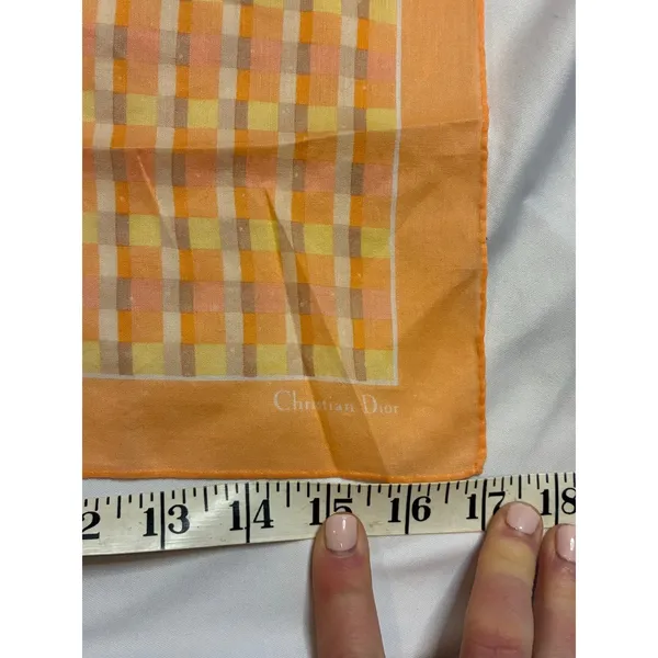 Christian Dior Orange Plaid Cotton Scarf Handkerchief 17" Neckerchief Vintage - Image 3