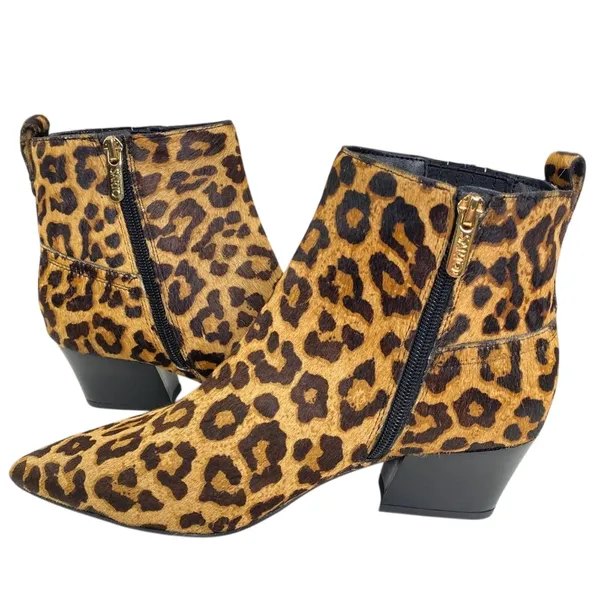 Franco Sarto Leopard Calf Hair Ankle Boots Womens 7 Tan Pointed‎ Toe Block Heel - Image 4