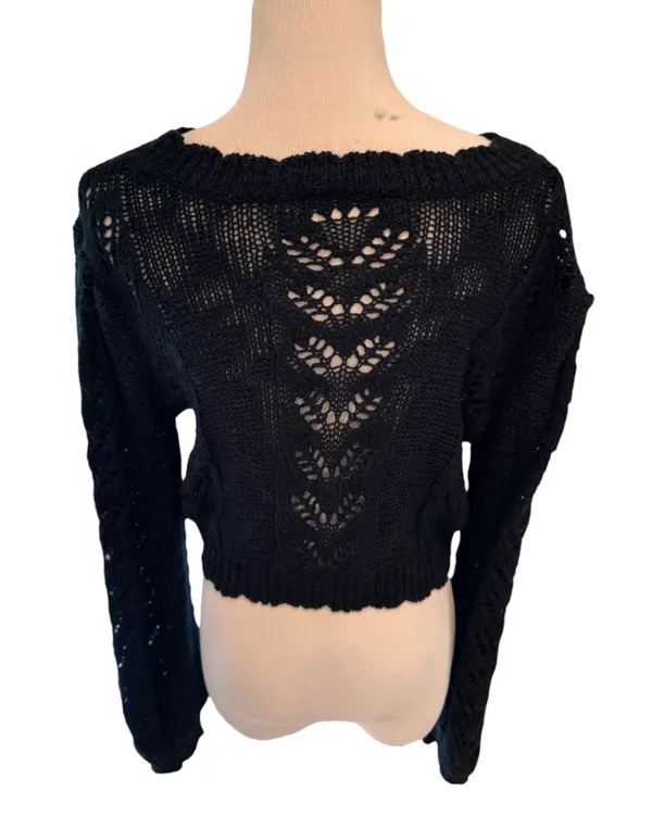 Storia Black Pointelle Open Weave Cropped Sweater M - Image 3