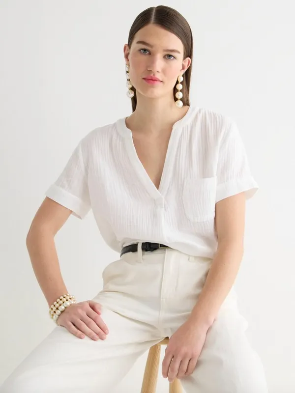 J.Crew V Neck Gauze Popover White Cotton Blouse Womens XS - Image 2