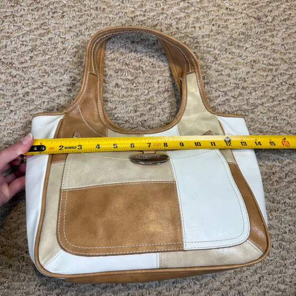 VTG Nine West Patchwork Hobo Shoulder Bag Tan Cream White Faux Leather Neutral - Image 6