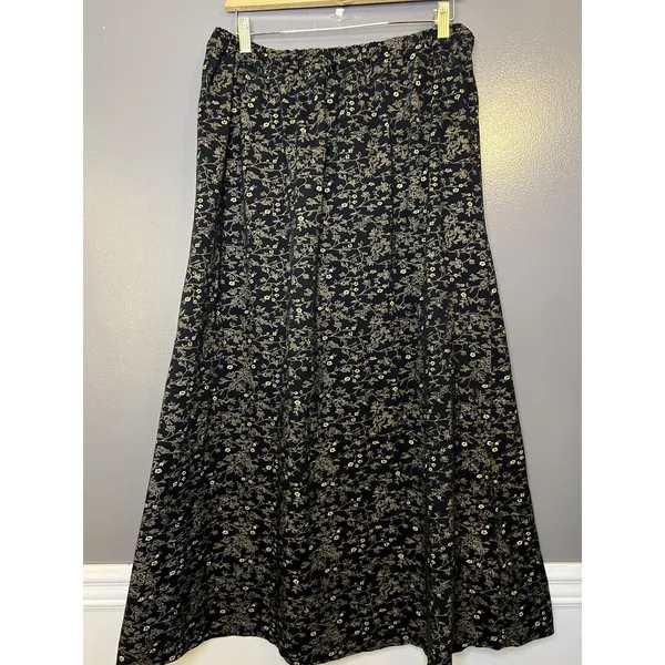 Handmade Black Floral Print Maxi Skirt Womens Med/Lrg Elastic Waist Long Boho - Image 3