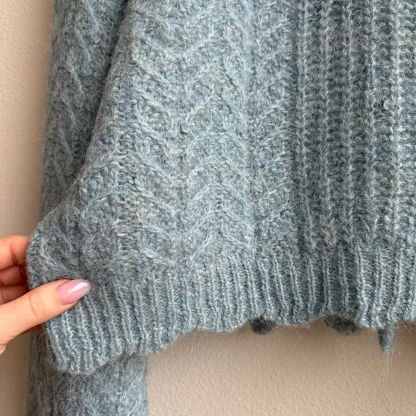 Zara Alpaca Blend Blue Ruffle Button Front Knit Puff Sleeve Sweater Size Small - Image 7