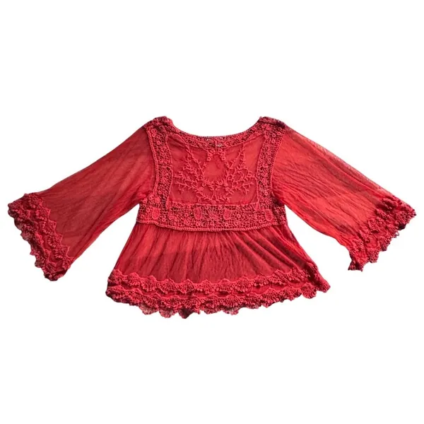 Pink Melo Red Mesh Crochet Lace Peplum Top Bell Sleeve Boho Large Festival Goth Dark Fairy - Image 3