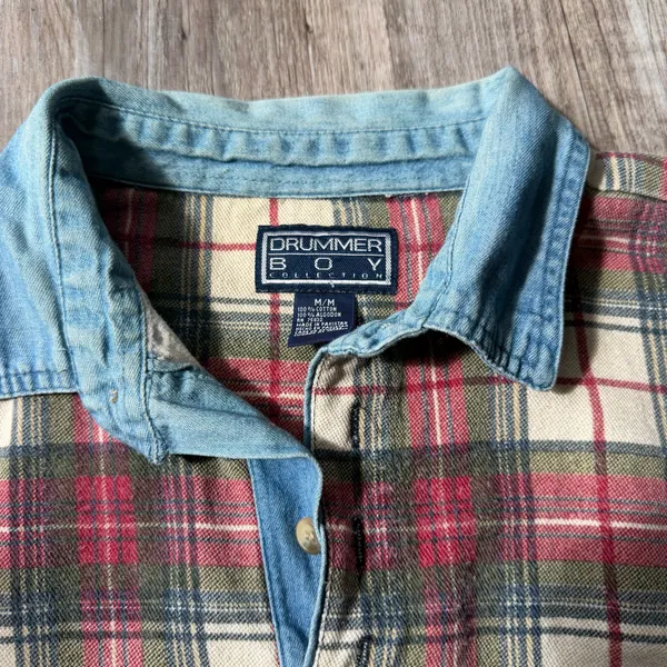 Vintage Drummer Boy Plaid Rugby Shirt with Denim-Style Collar M/L - Image 2