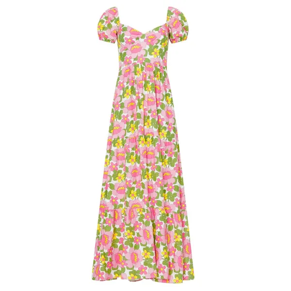 Show Me Your MuMu Cathy Pink Retro Floral Sweetheart Tie Back Puff Maxi Dress M - Image 6