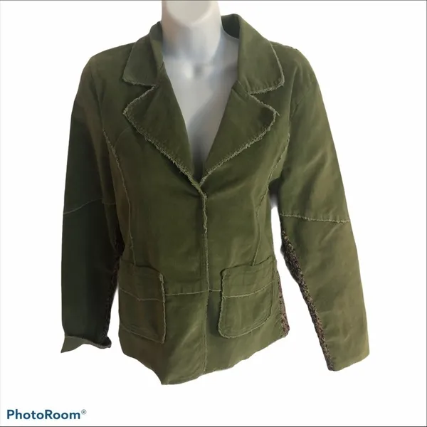 Anthropologie One Girl Who Olive Green Corduroy Career Blazer M Textured Trim - Image 2