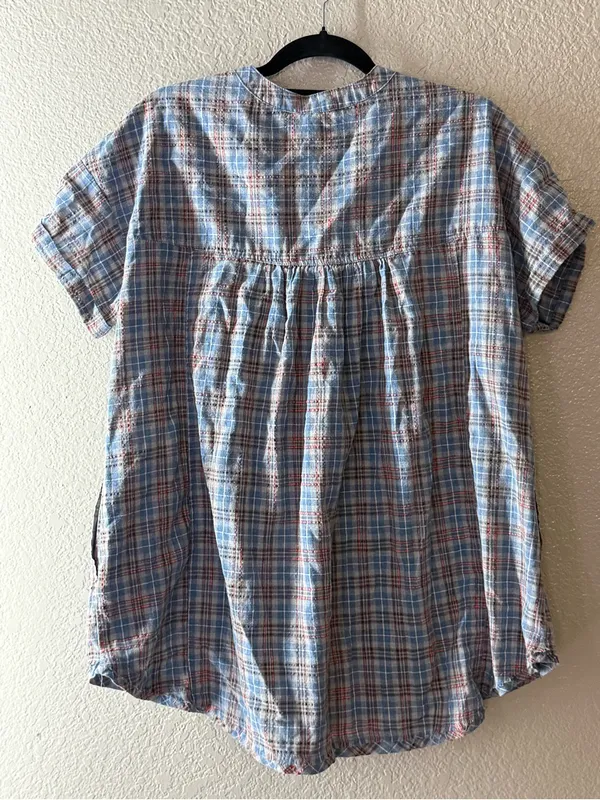 Easel Blue Plaid Babydoll Tunic Top S Oversized Boho Cottagecore Peasant - Image 5
