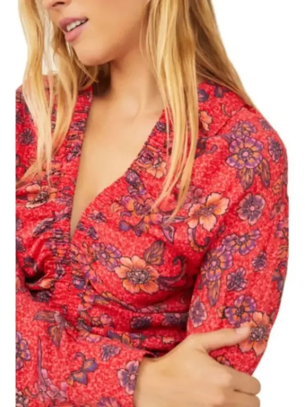 Free People Pink Red Floral "IGot You" Smocked Ruched Long Sleeve Crop Top - Rub - Image 3