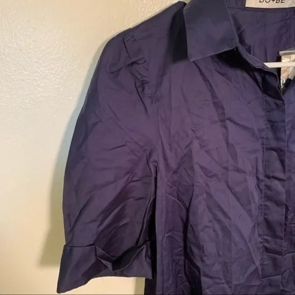 DO + BE Women's Size XS Short Puff Sleeve Shirt Dress Midi Button Down Navy Blue - Image 5