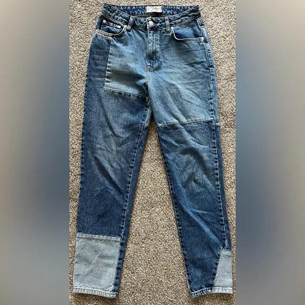 We The Free Patchwork Two-Tone Blue High-Waisted Mom Jeans - Image 4