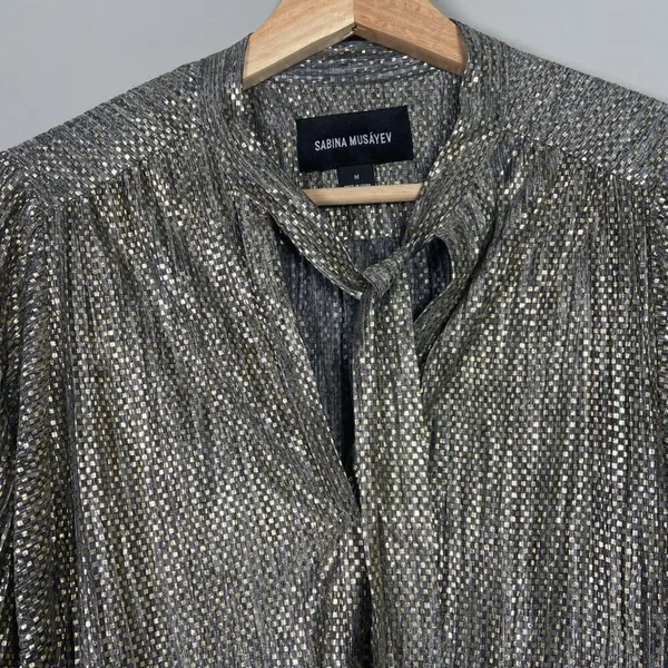 Anthropologie X Sabina Musayev Dress‎ Size M Eugine Gold Gray Accordian Tie Date - Image 3