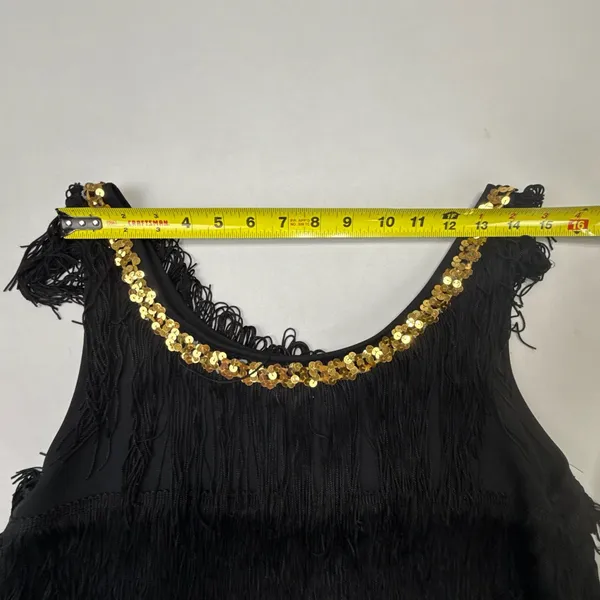 Women's Black Flapper Dress with Gold Sequin Neck Trim and Tiered Fringe - Image 6