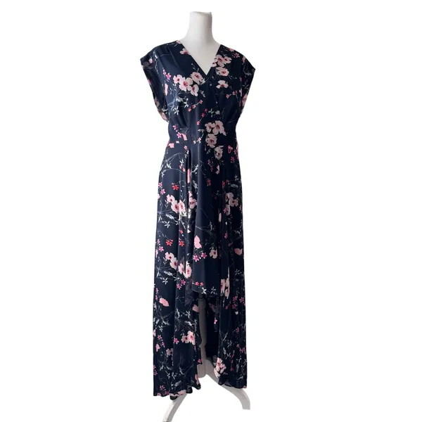 Eliza J Navy Blue Floral Print Cap Sleeve V-Neck High Low Maxi Dress - Image 6