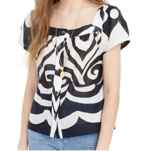 ✨J.Crew Point Sur Ratti Wave Navy Blue White Button Front Poplin Sz XS Top✨ - Image 2