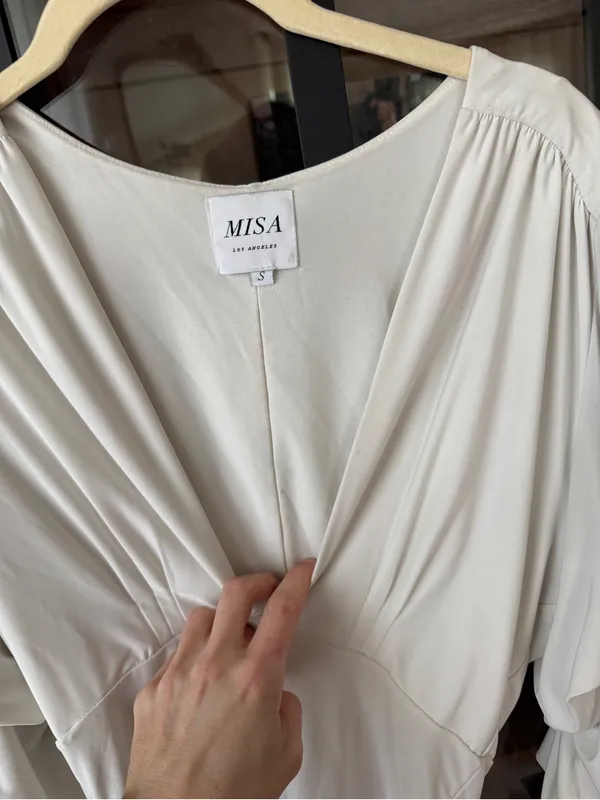 Misa Los Angeles Leona Bodysuit tiered long sleeve ruffle White vneck seamless - Image 7