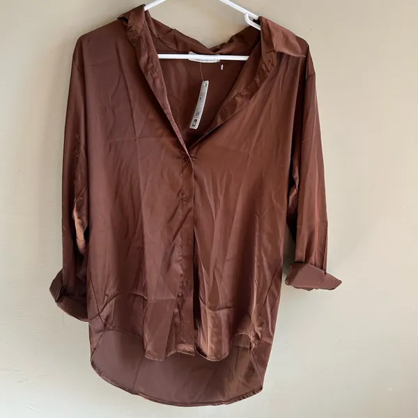 NWT brown silky button down - Image 2