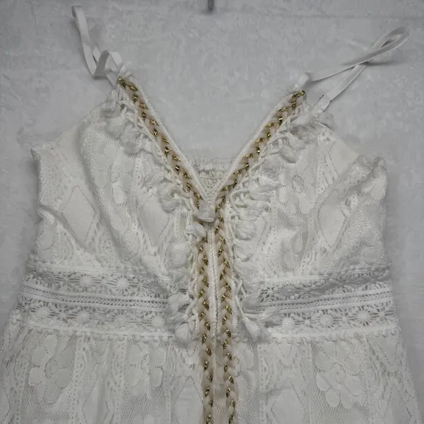 Cupshe White Lace Dress PomPom Tie V Neck Sleeveless Summer‎ Beach Size L - Image 3