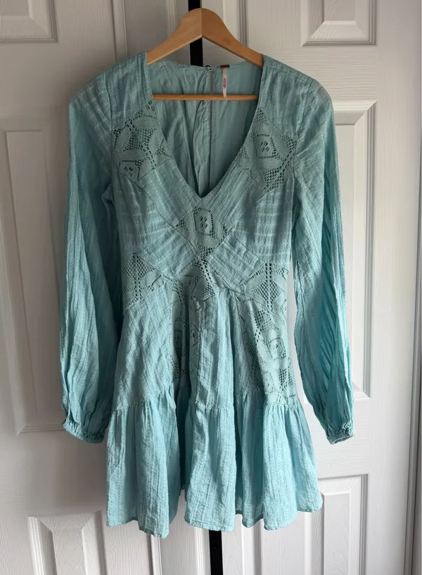 Free People Patchwork Of My Dreams Mini Dress Royal Blue 100% Cotton Size: XS - Image 3