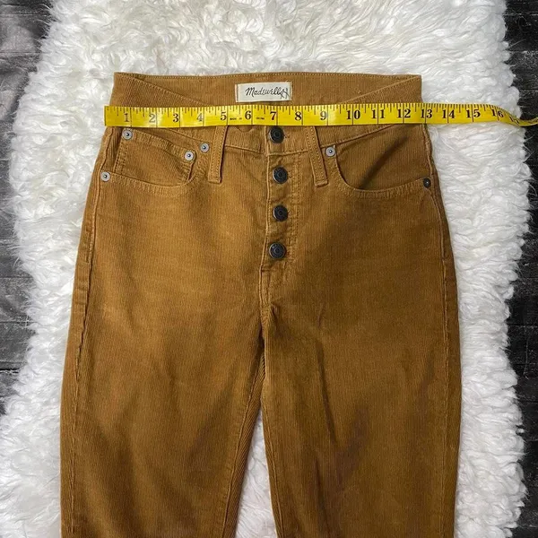 Madewell Cali Demi-Boot Plush Corduroy Brown Tan Flare Button Fly Jeans Raw Hem - Image 4