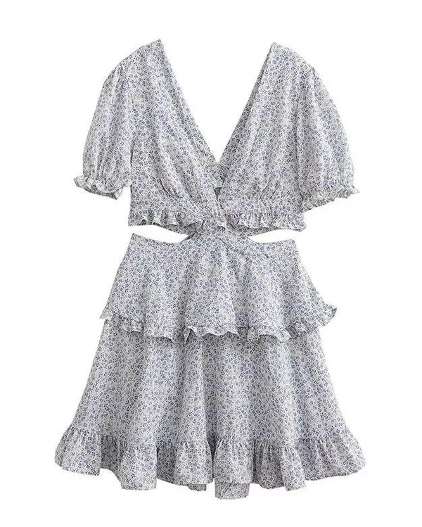 NEW White/Blue Floral Deep V Cutout Waist Ruffled Tiered Dress - Image 5