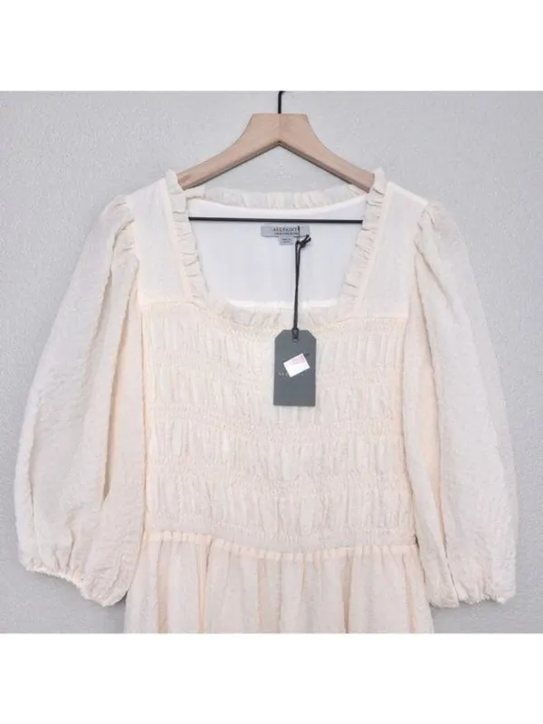 NWT All Saints Livi Tex Maxi Dress 6 Off White Ruched Puff Sleeve Smocked Slit - Image 5