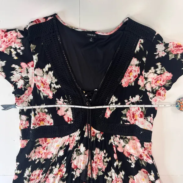 Torrid Black Pink Floral Crinkle Gauze Lace Up Tassels Flutter Sleeve‎ Dress 2X - Image 7
