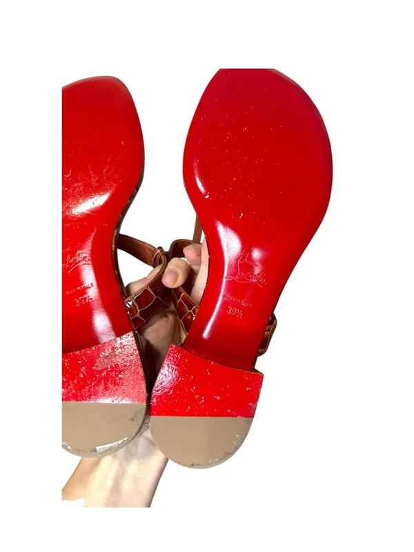 Christian Louboutin Brown Croc-Embossed Leather T-Strap Sandals box full set - Image 10