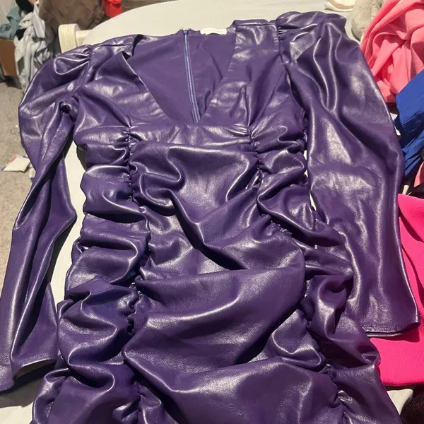 New Revolve Lovers + Friends Bardot Vegan Faux Leather Purple Mini Dress S‎ - Image 5