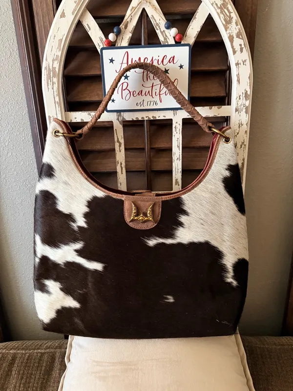 Loyal West- Conceal Carry Cowhide Hobo Bag with Braided Handle - Black & White - Image 13