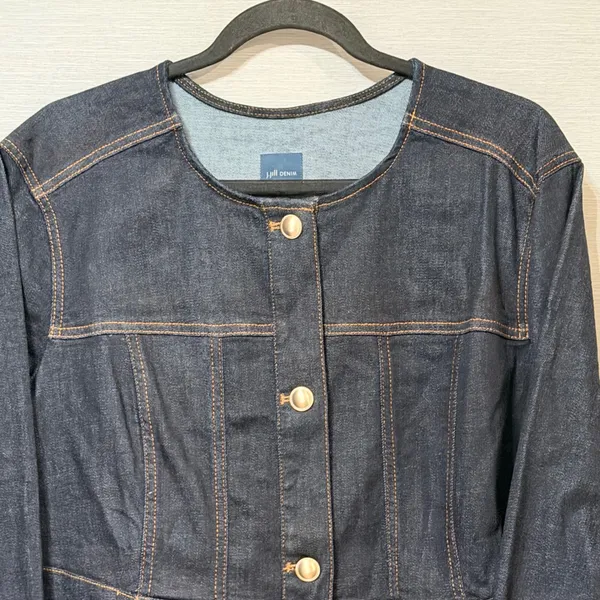 J. Jill Denim Jacket Womens XL Indigo Blue Collarless Gold Button Stretch XL - Image 5