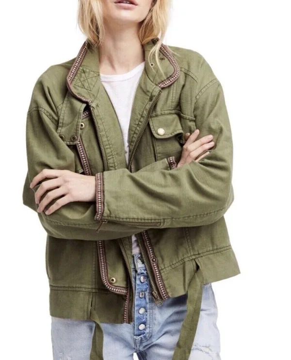 Free People Flight Line Women's Size S Olive Green Embroidered Bomber Jacket - Image 2