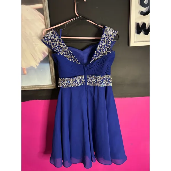 Royal Blue Rhinestone Embellished Chiffon Cocktail Homecoming‎ Dress Cap Sleeve - Image 8