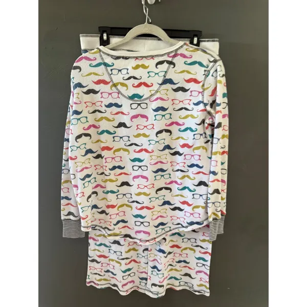 PJ Salvage‎ Womens Mustache Glasses Thermal Waffle Knit Pajama Set White Medium - Image 2