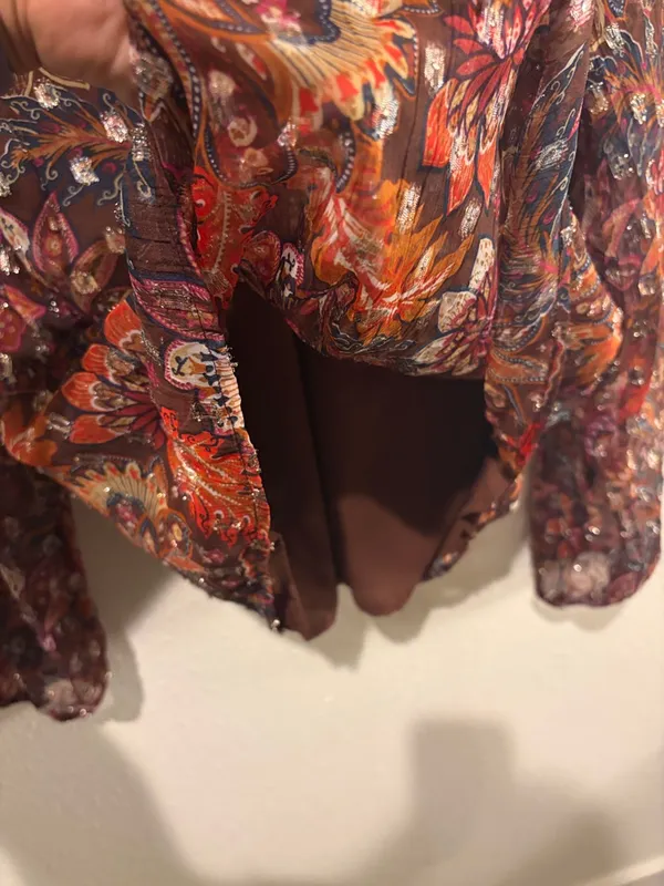 LOFT Sheer Floral V-Neck Blouse in Brown Multi - Image 4