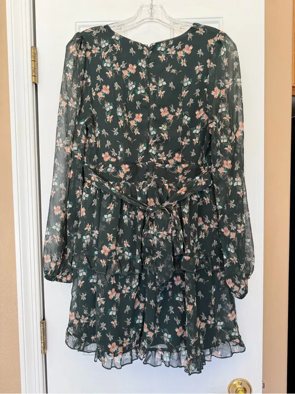 Lulu's Dark Cottagecore Green Floral Print Long Sheer Sleeves Mini Dress Medium - Image 3