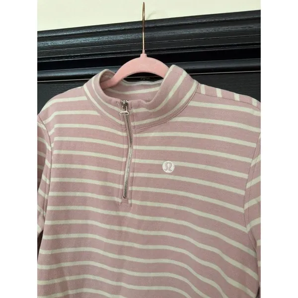 Lululemon Cotton French Terry Cropped Half Zip in the Yachtie Stripe Pink Haze L - Image 3
