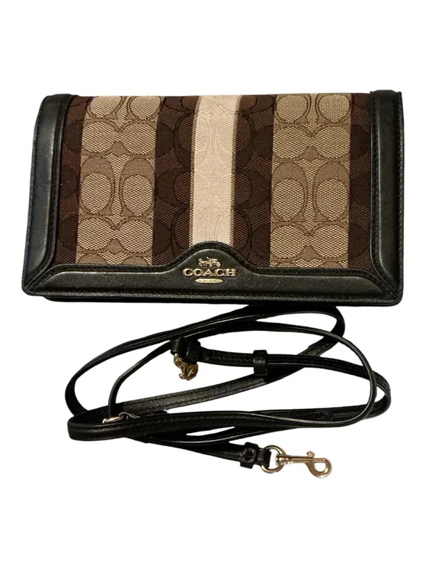 Coach Signature Canvas Stripe Crossbody Wallet Purse - Black & Tan - Image 2