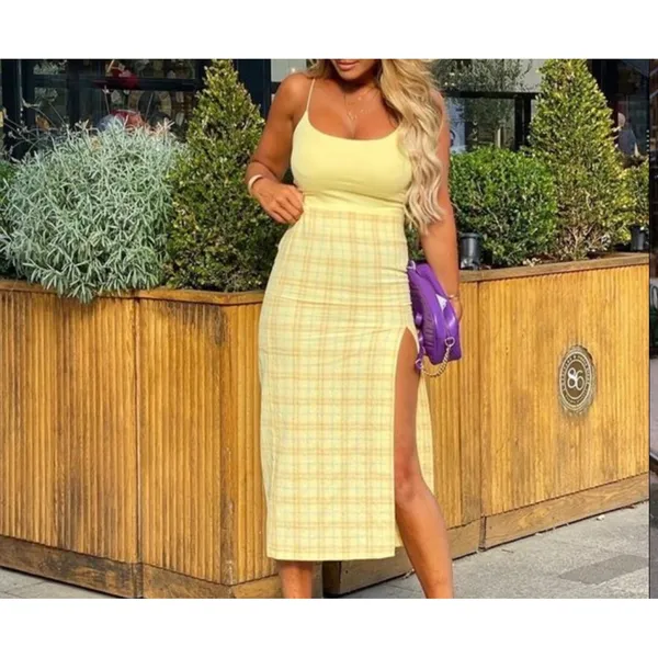 Zara sz S Gingham Yellow Plaid High Rise Split Midi Skirt Retro Mod Bloggers Fav - Image 4