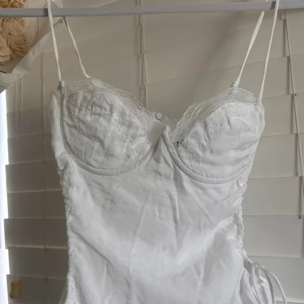 Princess Polly white linen blend lace bustier ruched mini dress XXS - Image 4