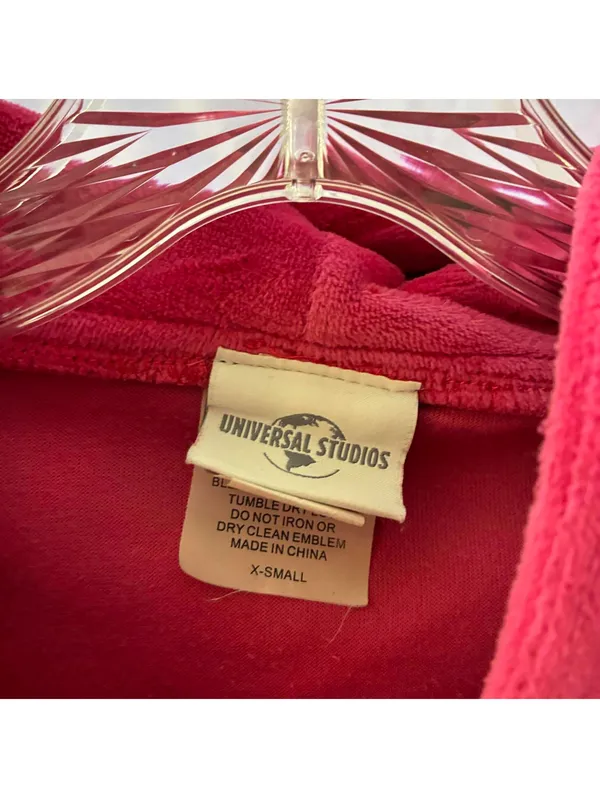 Hello Kitty Sz XS Hot Pink Rhinestone Soft Velour Fill Zip Hooded Jacket - Image 2
