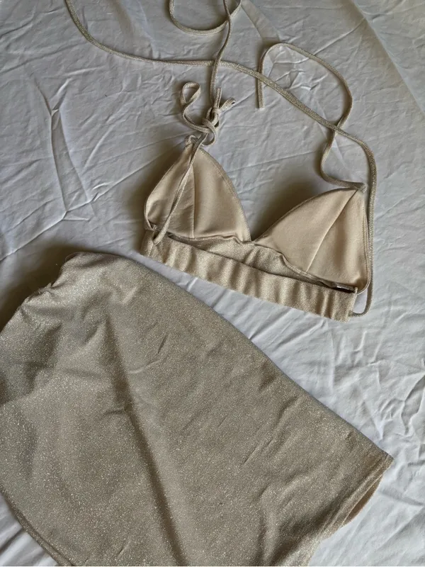 Divided Gold Shimmer Two-Piece Set | Triangle Halter Top & Mini Skirt - Image 4