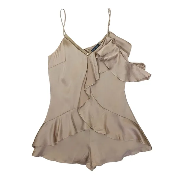 Dress Forum Beige Satin Ruffle Romper One Shoulder Flowy Chic Small - Image 2